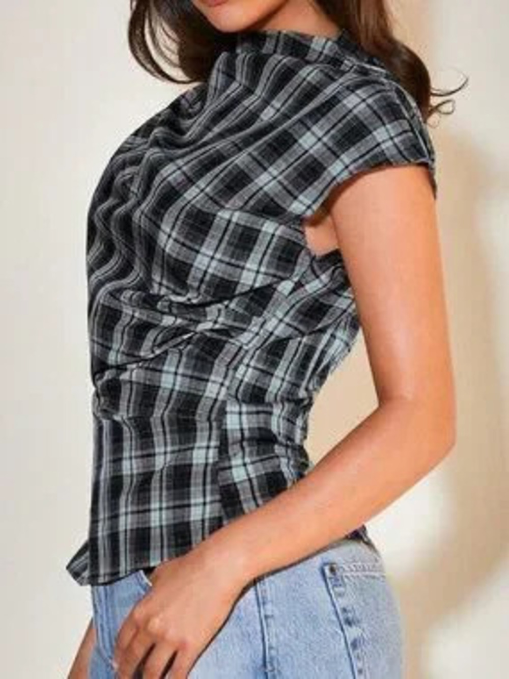 Blue Casual Women's Stand Collar Plaid Batwing Fitted Waist Flared Top